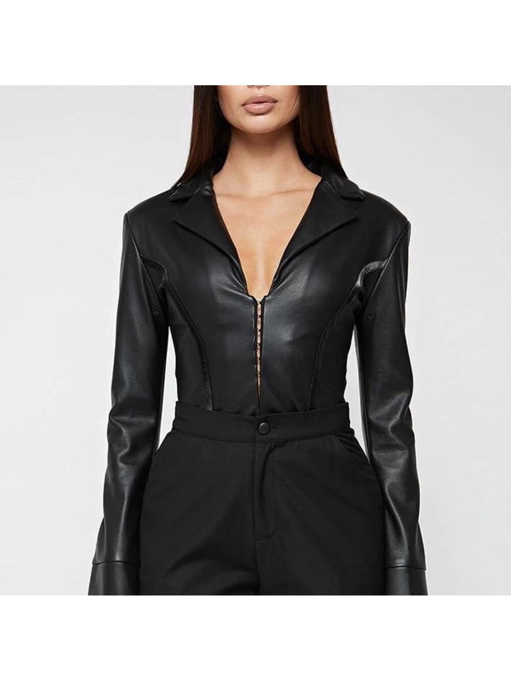 Maniere DeVoir Black Faux Leather Plunge Long Sleeve Bodysuit